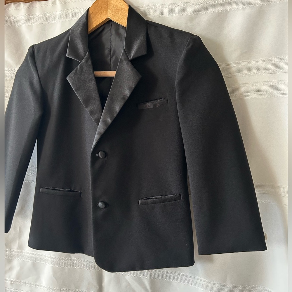 Black Satin Trim Blazer black tuxedo jacket, satin lapels and covered buttons